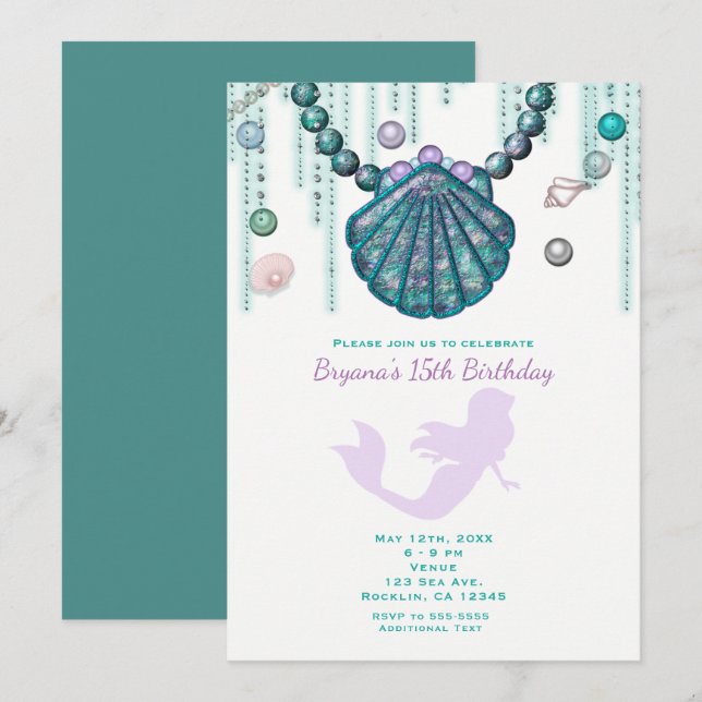 Invitaciones de cumpleaños de sirena morada de pla (Anverso / Reverso)
