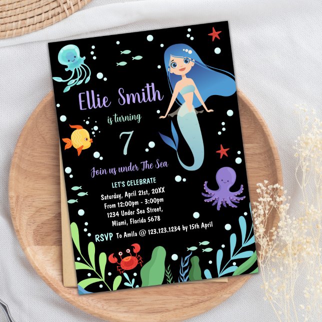 Invitaciones de cumpleaños de sirena negra bajo el (Black Under the sea Mermaid Birthday Invitations)