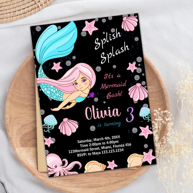 Invitaciones de cumpleaños de sirena negra bajo el (Black Under the sea Mermaid Birthday Invitations)
