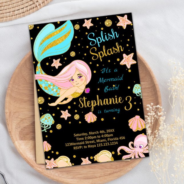 Invitaciones de cumpleaños de sirena negra purpuri (Glitter Black Mermaid Birthday Invitations)