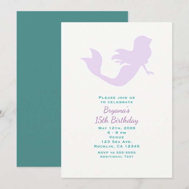 Invitaciones de cumpleaños de sirena púrpura en la (Anverso / Reverso)