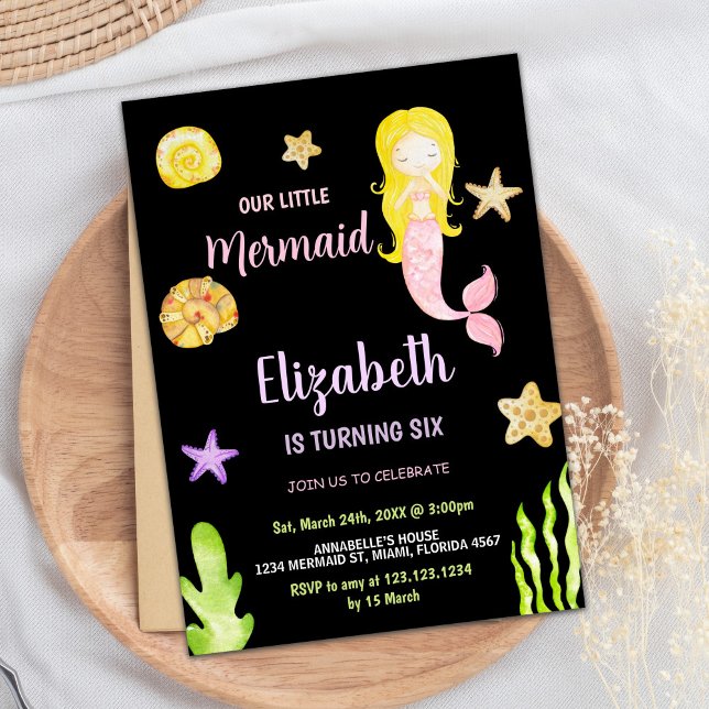 Invitaciones de cumpleaños de sirena rosa (Pink Mermaid Little Mermaid Birthday Invitations)