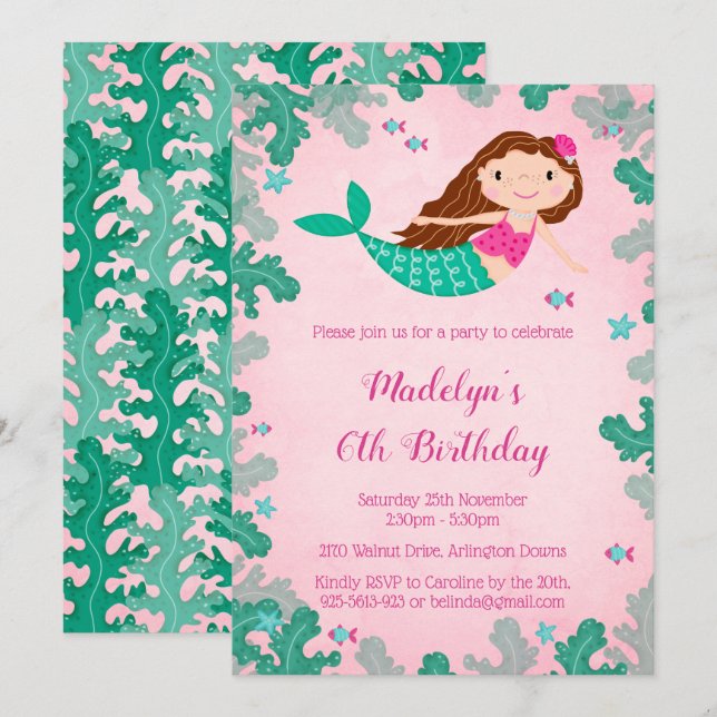 Invitaciones de cumpleaños de Sirena Rosa Debajo d (Anverso / Reverso)