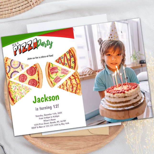 Invitaciones de cumpleaños de Slices Pizza con fot (Slices Pizza Birthday Invitations with photo)
