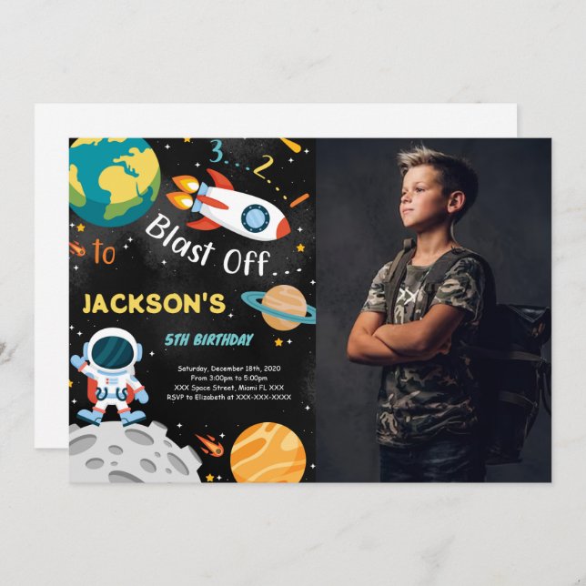 Invitaciones de cumpleaños de Space Boy con foto (Anverso / Reverso)