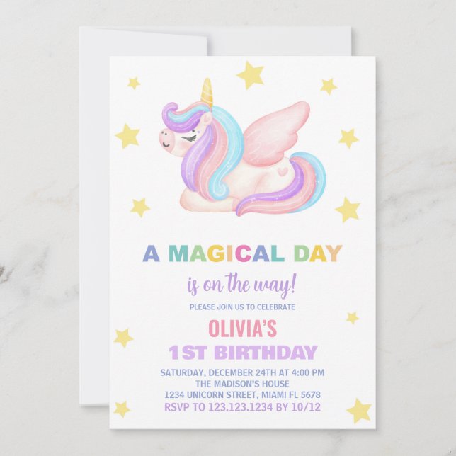 Invitaciones de cumpleaños de Stars Unicorn (Anverso)