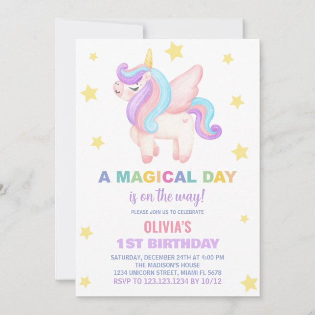 Invitaciones de cumpleaños de Stars Unicorn (Anverso)