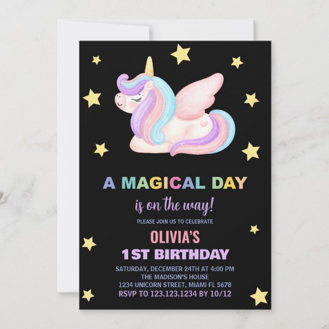 Invitaciones de cumpleaños de Stars Unicorn (Anverso)