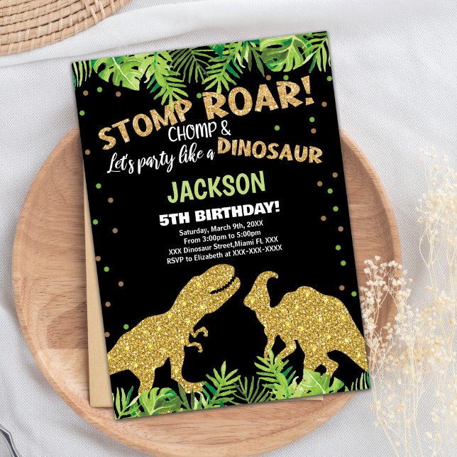 Invitaciones de cumpleaños de Stomp Roar Purpurina (Stomp Roar Glitter Dinosaur Birthday Invitations)