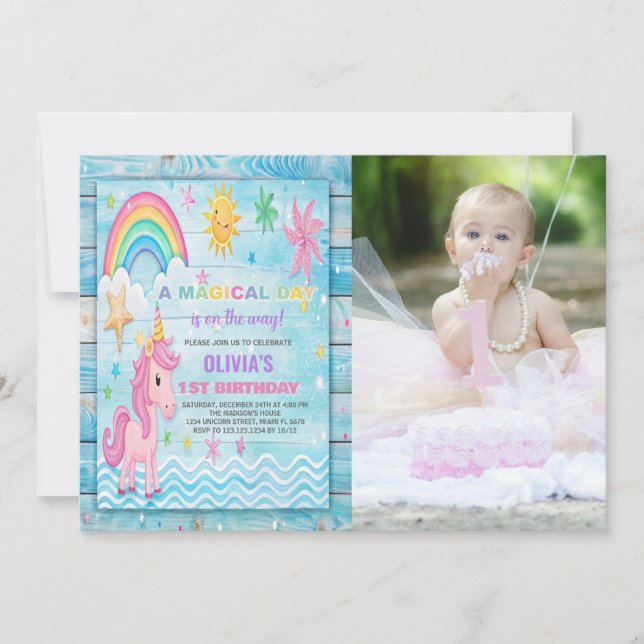 Invitaciones de cumpleaños de Sun Rainbow Unicorn  (Anverso)