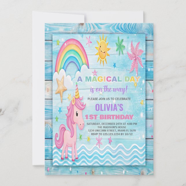 Invitaciones de cumpleaños de Sun Rainbow Unicorn (Anverso)