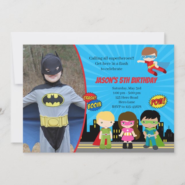 Invitaciones de cumpleaños de superhéroes con expl (Anverso)