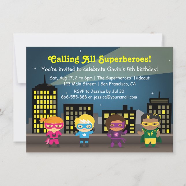Invitaciones de Cumpleaños de Superhéroes para Niñ (Anverso)