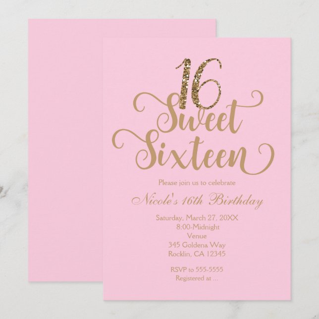 Invitaciones de cumpleaños de Sweet 16 rosa y dora (Anverso / Reverso)