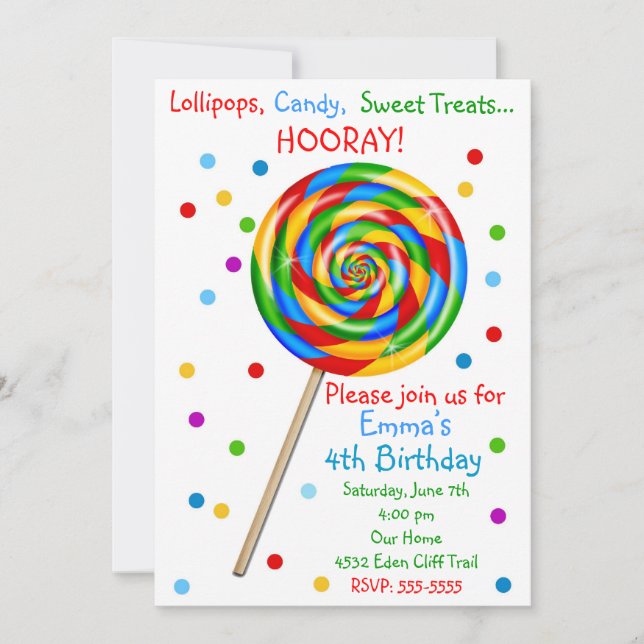 Invitaciones de cumpleaños de Sweet Shop Lollipop (Anverso)