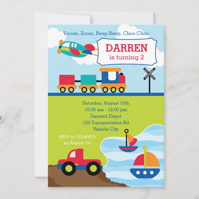 Invitaciones de cumpleaños de transporte para niño (Anverso)