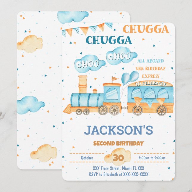 Invitaciones de cumpleaños de tren editables (Anverso / Reverso)