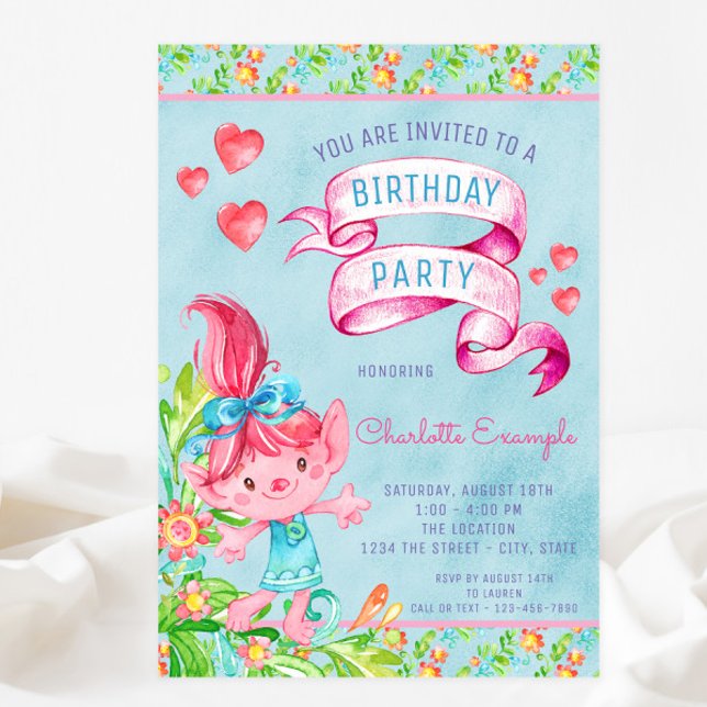 Invitaciones de cumpleaños de Troll Lindos (You can change all of the text as needed for your event.)