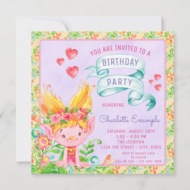 Invitaciones de cumpleaños de Troll Lindos (Anverso)