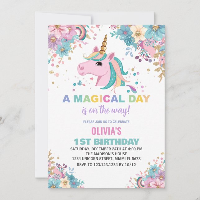 Invitaciones de cumpleaños de Unicorn, Purpurina f (Anverso)