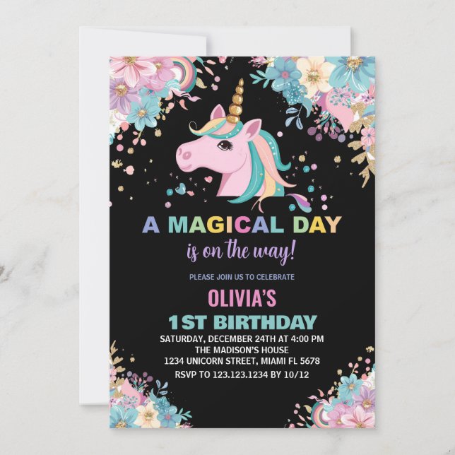 Invitaciones de cumpleaños de Unicorn, Purpurina f (Anverso)