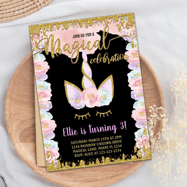 Invitaciones de cumpleaños de Unicorn, Purpurina m (Black Magical Glitter Unicorn Birthday Invitations)
