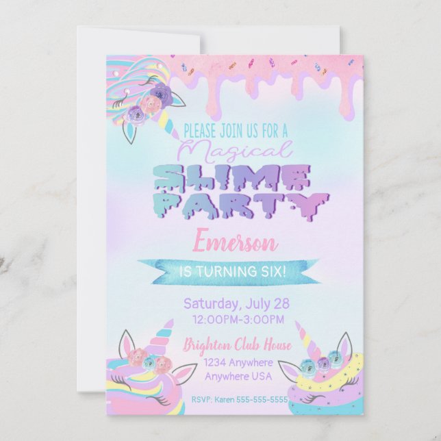 invitaciones de cumpleaños de Unicorn Slime, invit (Anverso)