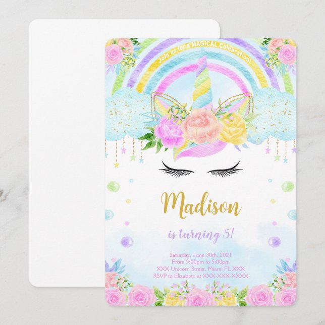 Invitaciones de cumpleaños de unicornio (Anverso / Reverso)