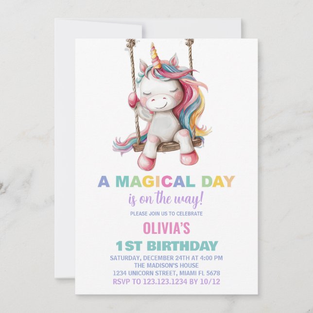 Invitaciones de cumpleaños de Unicornio (Anverso)