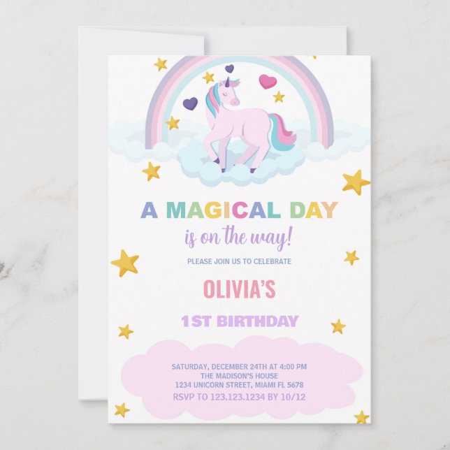 Invitaciones de cumpleaños de Unicornio (Anverso)