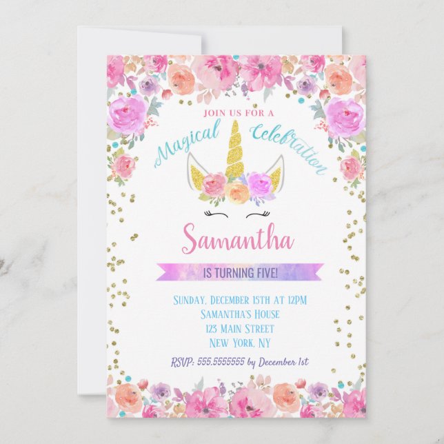 Invitaciones de cumpleaños de Unicornio (Anverso)