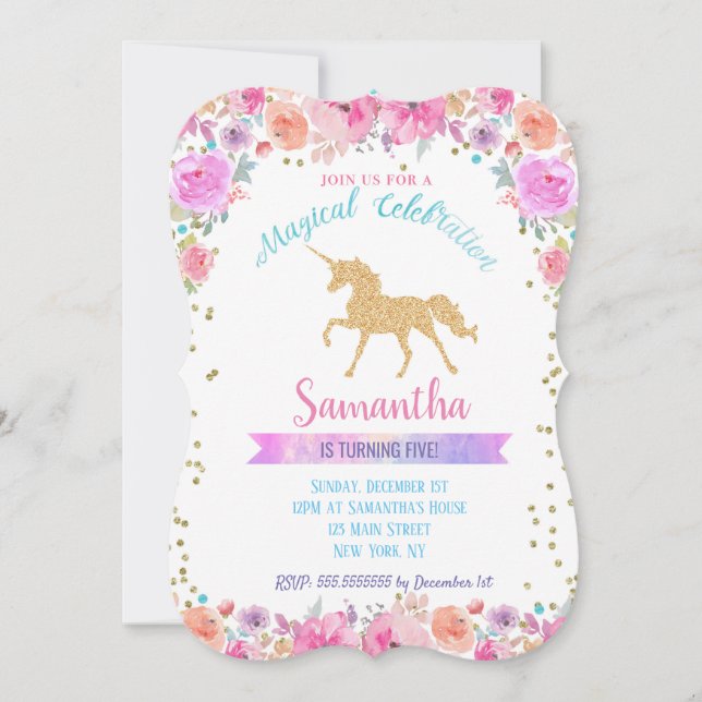 Invitaciones de cumpleaños de Unicornio (Anverso)