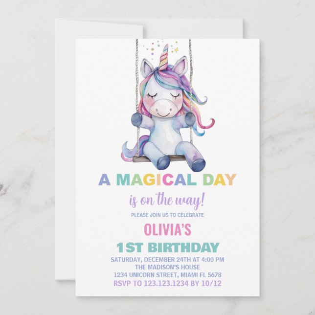 Invitaciones de cumpleaños de Unicornio (Anverso)