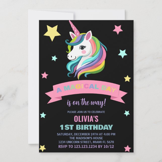 Invitaciones de cumpleaños de Unicornio (Anverso)