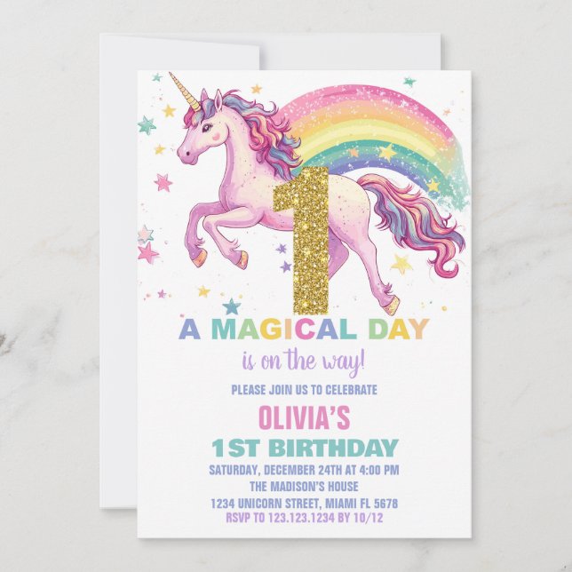 Invitaciones de cumpleaños de Unicornio (Anverso)