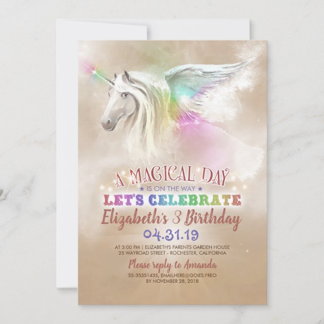 Invitaciones de cumpleaños de Unicornio (Anverso)