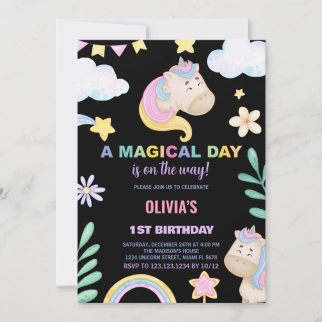 Invitaciones de cumpleaños de Unicornio (Anverso)