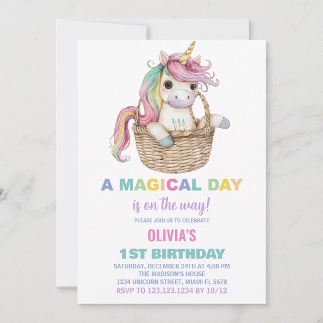 Invitaciones de cumpleaños de Unicornio (Anverso)
