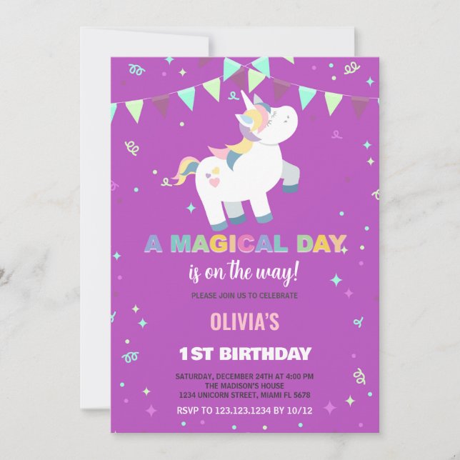 Invitaciones de cumpleaños de Unicornio a la mosca (Anverso)