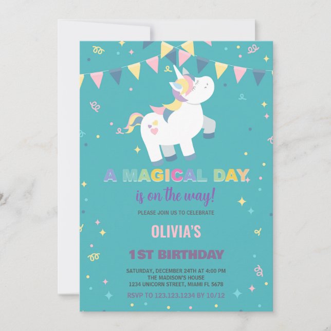 Invitaciones de cumpleaños de Unicornio a la mosca (Anverso)