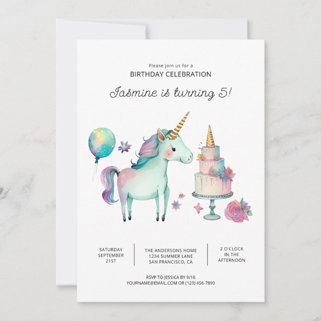 Invitaciones de cumpleaños de Unicornio Arcoíris (Anverso)