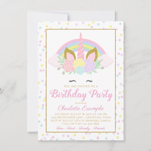 Invitaciones de cumpleaños de Unicornio Arcoíris (Anverso)
