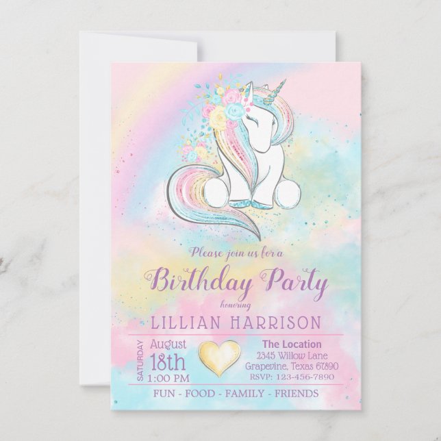 Invitaciones de cumpleaños de unicornio arcoíris (Anverso)