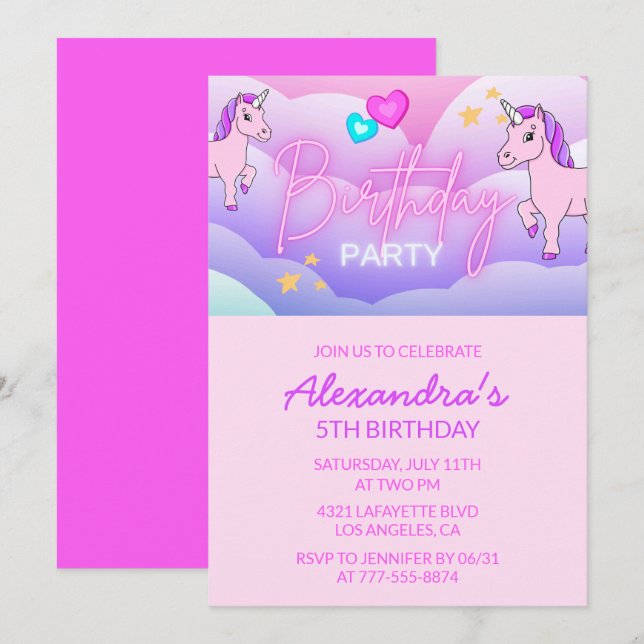 Invitaciones de cumpleaños de Unicornio Arcoíris 5 (Anverso / Reverso)