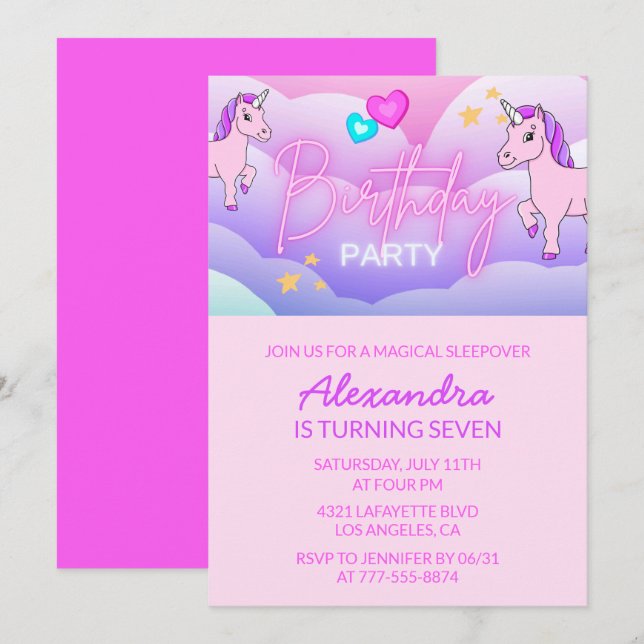 Invitaciones de cumpleaños de Unicornio Arcoíris 7 (Anverso / Reverso)