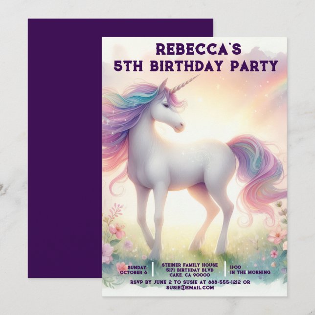 Invitaciones de cumpleaños de unicornio arcoíris p (Anverso / Reverso)