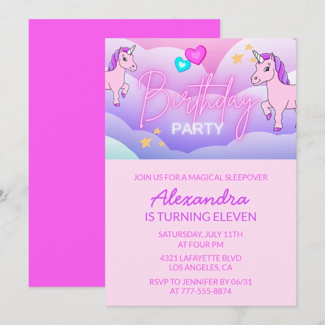 Invitaciones de cumpleaños de Unicornio Arcoíris p (Anverso / Reverso)