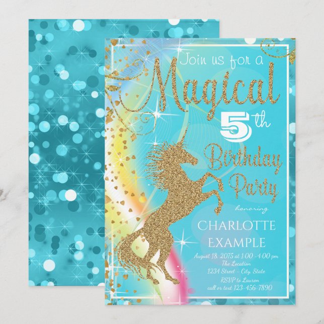 Invitaciones de cumpleaños de Unicornio Azul Verde (Anverso / Reverso)