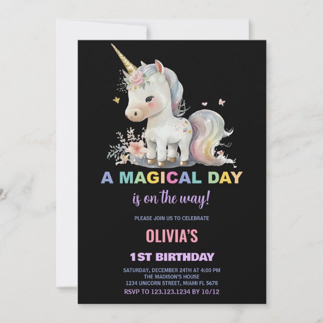 Invitaciones de cumpleaños de Unicornio blanco (Anverso)