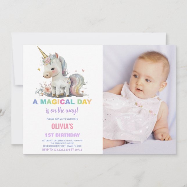 Invitaciones de cumpleaños de Unicornio blanco con (Anverso)